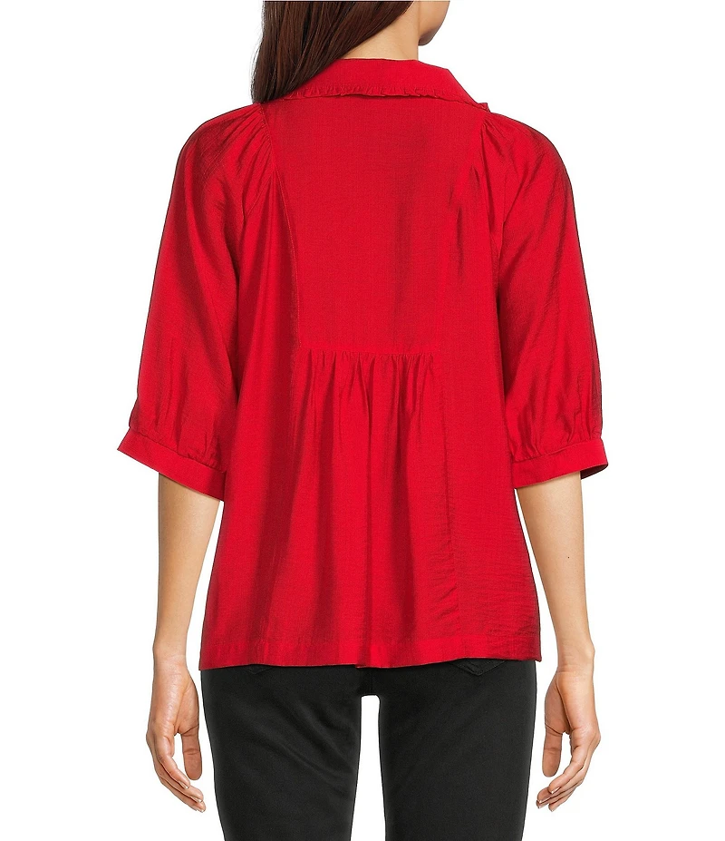 Ali Miles Woven Point Collar Shirred Split Neck Elbow Length Raglan Sleeve Popover Top