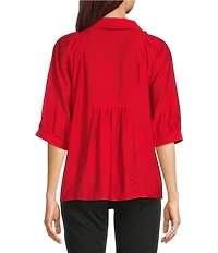Ali Miles Woven Point Collar Shirred Split Neck Elbow Length Raglan Sleeve Popover Top