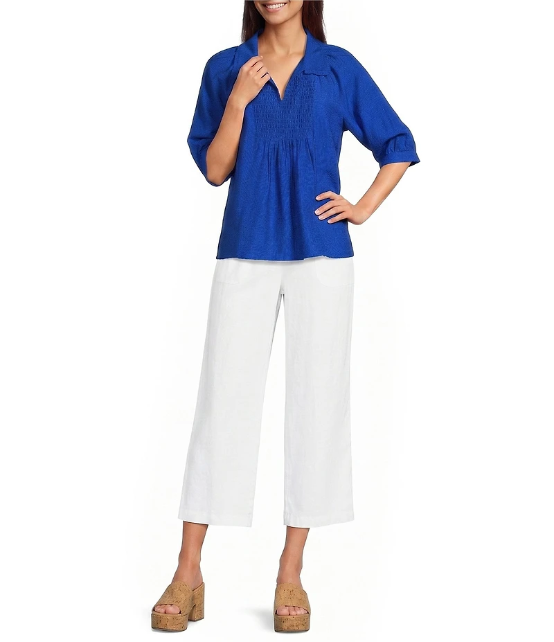 Ali Miles Woven Point Collar Shirred Split Neck Elbow Length Raglan Sleeve Popover Top