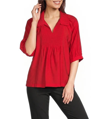 Ali Miles Woven Point Collar Shirred Split Neck Elbow Length Raglan Sleeve Popover Top