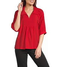 Ali Miles Woven Point Collar Shirred Split Neck Elbow Length Raglan Sleeve Popover Top