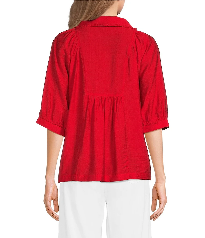 Ali Miles Woven Point Collar Shirred Split Neck Elbow Length Raglan Sleeve Popover Top
