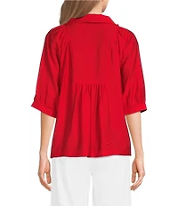 Ali Miles Woven Point Collar Shirred Split Neck Elbow Length Raglan Sleeve Popover Top
