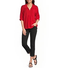 Ali Miles Woven Point Collar Shirred Split Neck Elbow Length Raglan Sleeve Popover Top