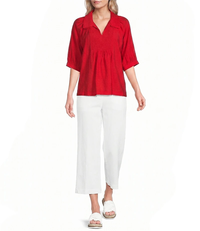 Ali Miles Woven Point Collar Shirred Split Neck Elbow Length Raglan Sleeve Popover Top