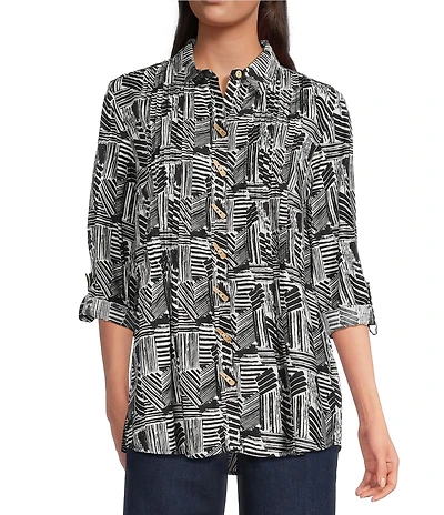 Ali Miles Woven Printed Point Collar 3/4 Roll-Tab Sleeve Button Front Tunic