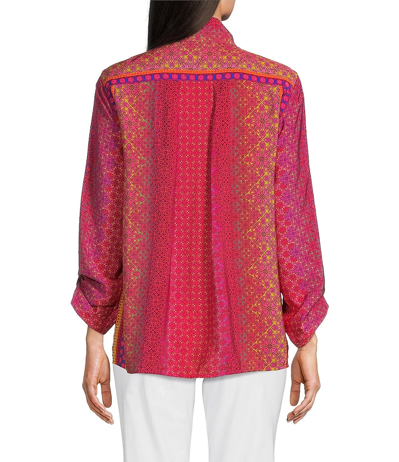 Ali Miles Woven Printed Wire Neck 3/4 Roll-Tab Sleeve Button Front Tunic