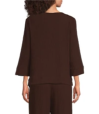 Ali Miles Woven Round Neck 3/4 Sleeve Button Detail Hem Top
