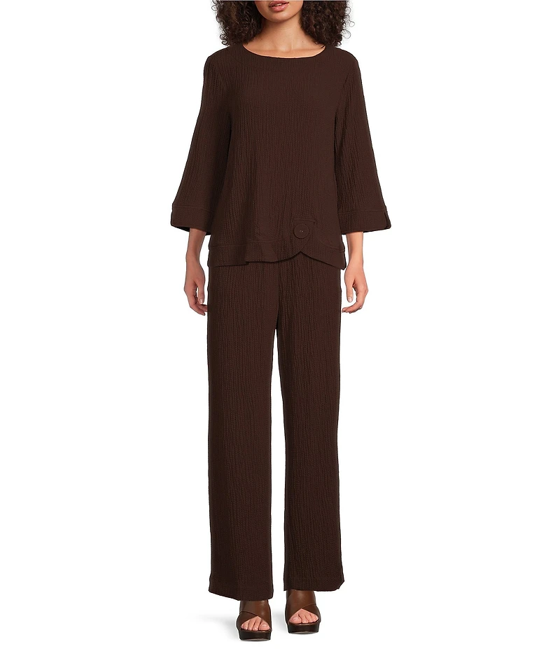 Ali Miles Woven Round Neck 3/4 Sleeve Button Detail Hem Top