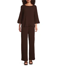 Ali Miles Woven Round Neck 3/4 Sleeve Button Detail Hem Top