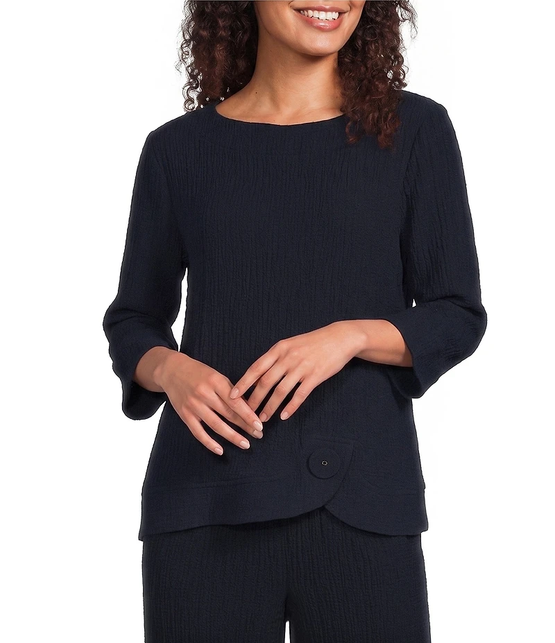 Ali Miles Woven Round Neck 3/4 Sleeve Button Detail Hem Top