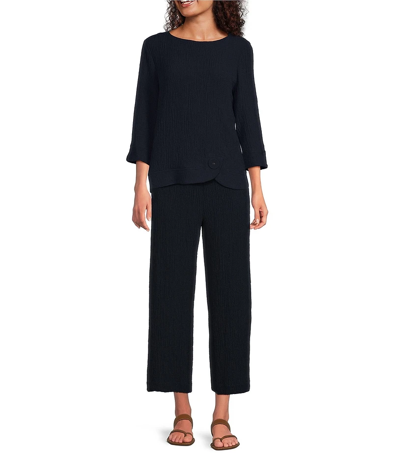 Ali Miles Woven Round Neck 3/4 Sleeve Button Detail Hem Top