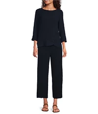 Ali Miles Woven Round Neck 3/4 Sleeve Button Detail Hem Top