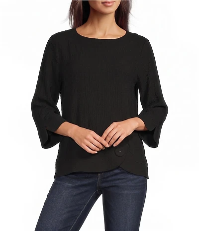 Ali Miles Woven Round Neck 3/4 Sleeve Button Detail Hem Top