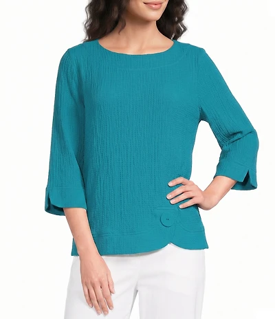 Ali Miles Woven Round Neck 3/4 Sleeve Button Detail Hem Top