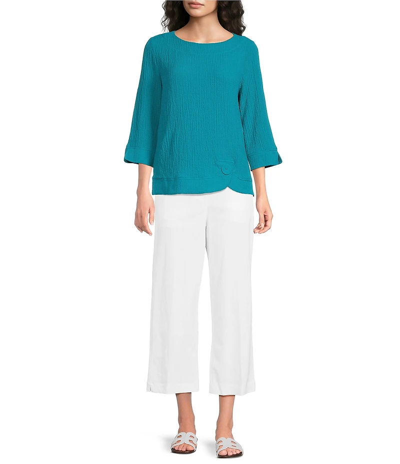 Ali Miles Woven Round Neck 3/4 Sleeve Button Detail Hem Top