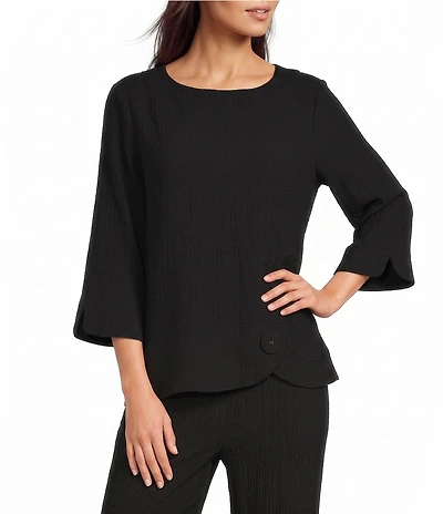 Ali Miles Woven Round Neck 3/4 Sleeve Button Detail Hem Top