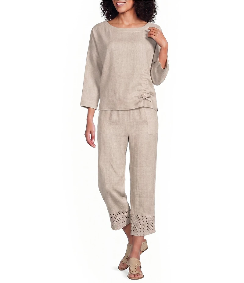 Ali Miles Woven Round Neck 3/4 Sleeve Cinched Hem Top