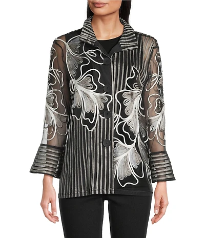 Ali Miles Woven Satin Soutache Leaf Stripe Wire Collar 3/4 Sleeve Button-Front Tunic