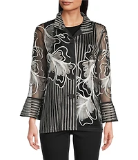 Ali Miles Woven Satin Soutache Leaf Stripe Wire Collar 3/4 Sleeve Button-Front Tunic