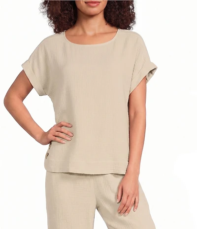 Ali Miles Woven Scoop Neck Short Dolman Sleeve Button Detail Top