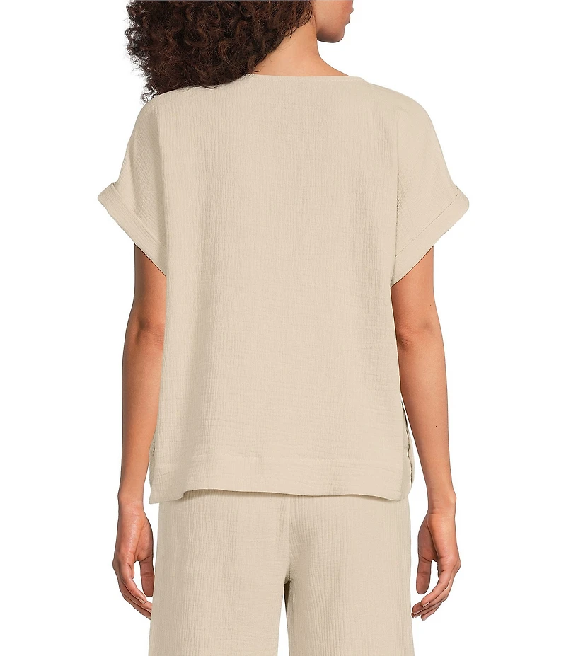 Ali Miles Woven Scoop Neck Short Dolman Sleeve Button Detail Top