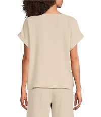 Ali Miles Woven Scoop Neck Short Dolman Sleeve Button Detail Top
