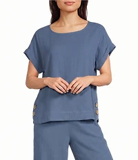 Ali Miles Woven Scoop Neck Short Dolman Sleeve Button Detail Top