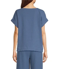 Ali Miles Woven Scoop Neck Short Dolman Sleeve Button Detail Top