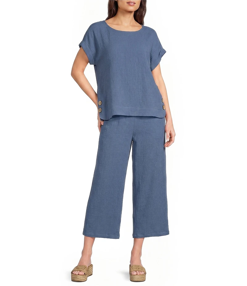 Ali Miles Woven Scoop Neck Short Dolman Sleeve Button Detail Top