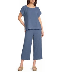 Ali Miles Woven Scoop Neck Short Dolman Sleeve Button Detail Top