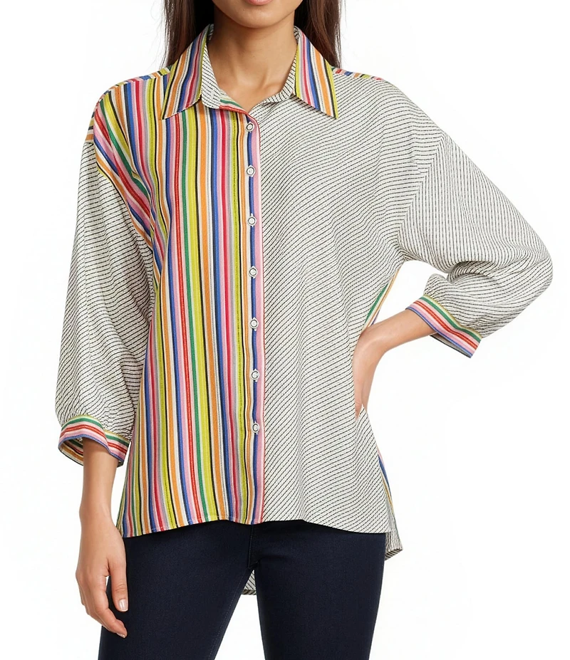 Ali Miles Woven Solid Multi Stripe Point Collar 3/4 Sleeve High-Low Hem Button-Front Shirt