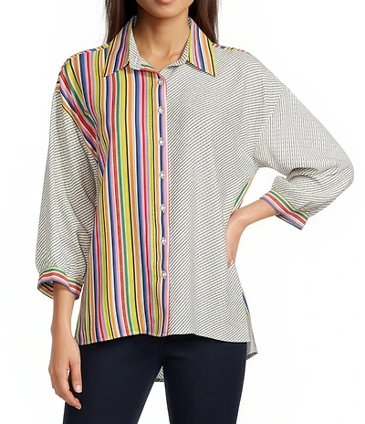 Ali Miles Woven Solid Multi Stripe Point Collar 3/4 Sleeve High-Low Hem Button-Front Shirt