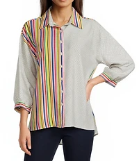 Ali Miles Woven Solid Multi Stripe Point Collar 3/4 Sleeve High-Low Hem Button-Front Shirt