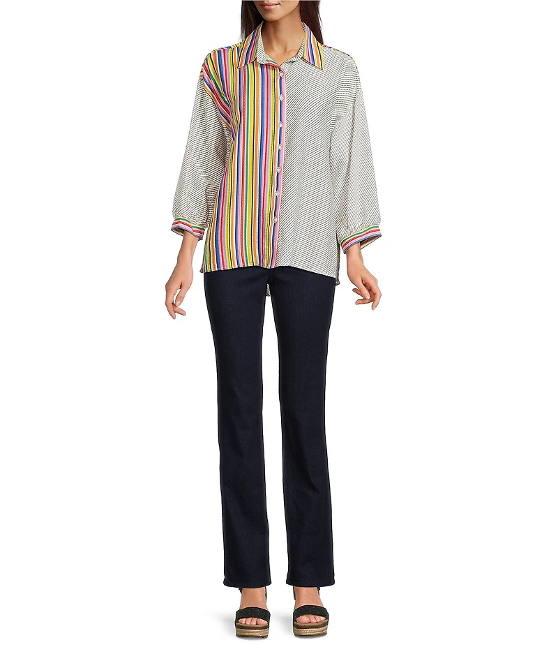 Ali Miles Woven Solid Multi Stripe Point Collar 3/4 Sleeve High-Low Hem Button-Front Shirt