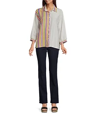 Ali Miles Woven Solid Multi Stripe Point Collar 3/4 Sleeve High-Low Hem Button-Front Shirt