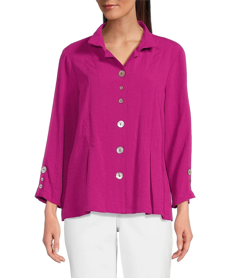 Ali Miles Woven Solid Wire Collar 3/4 Sleeve Pleated Hem Button Front Tunic