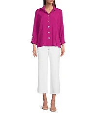Ali Miles Woven Solid Wire Collar 3/4 Sleeve Pleated Hem Button Front Tunic