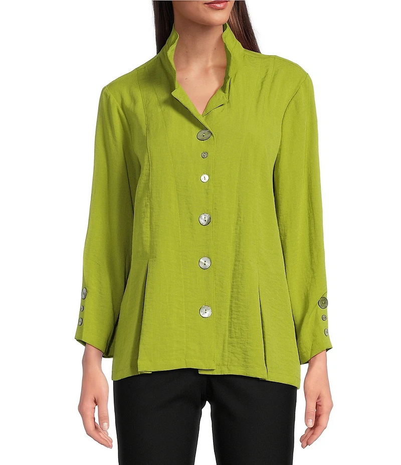 Ali Miles Woven Solid Wire Collar 3/4 Sleeve Pleated Hem Button Front Tunic