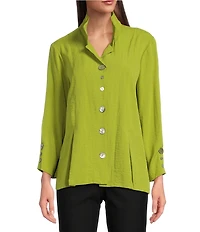 Ali Miles Woven Solid Wire Collar 3/4 Sleeve Pleated Hem Button Front Tunic