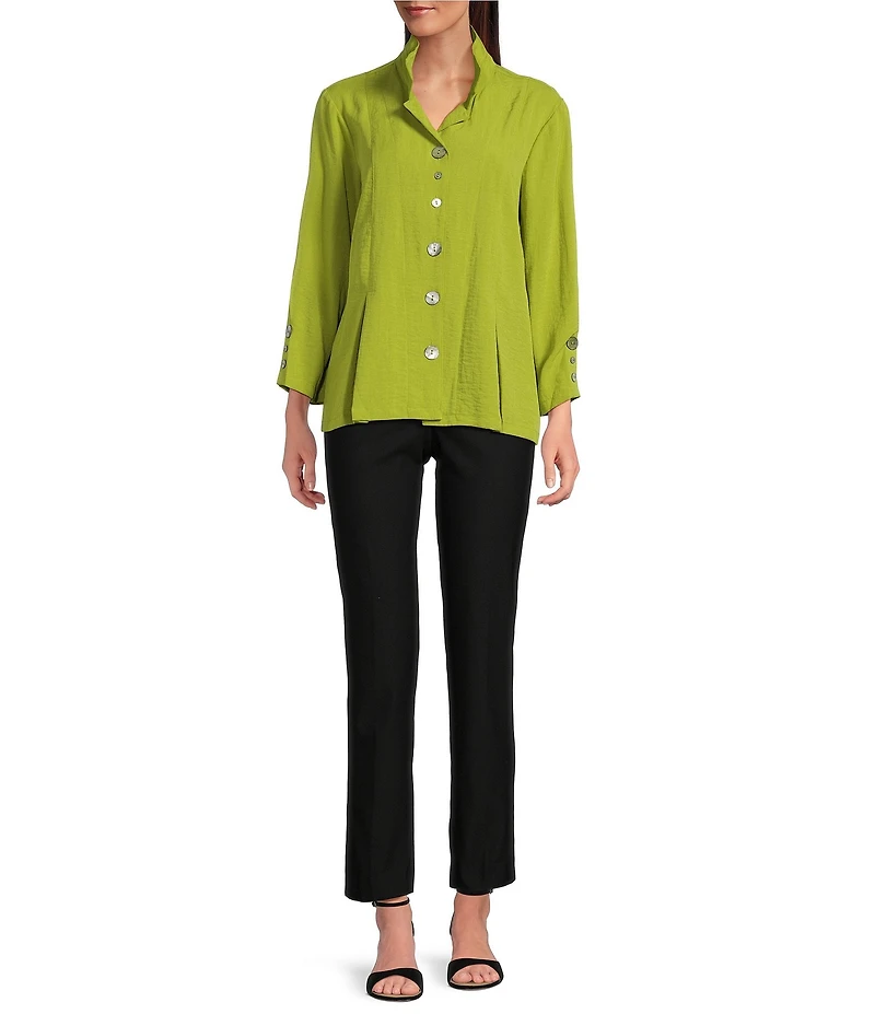 Ali Miles Woven Solid Wire Collar 3/4 Sleeve Pleated Hem Button Front Tunic