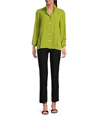 Ali Miles Woven Solid Wire Collar 3/4 Sleeve Pleated Hem Button Front Tunic