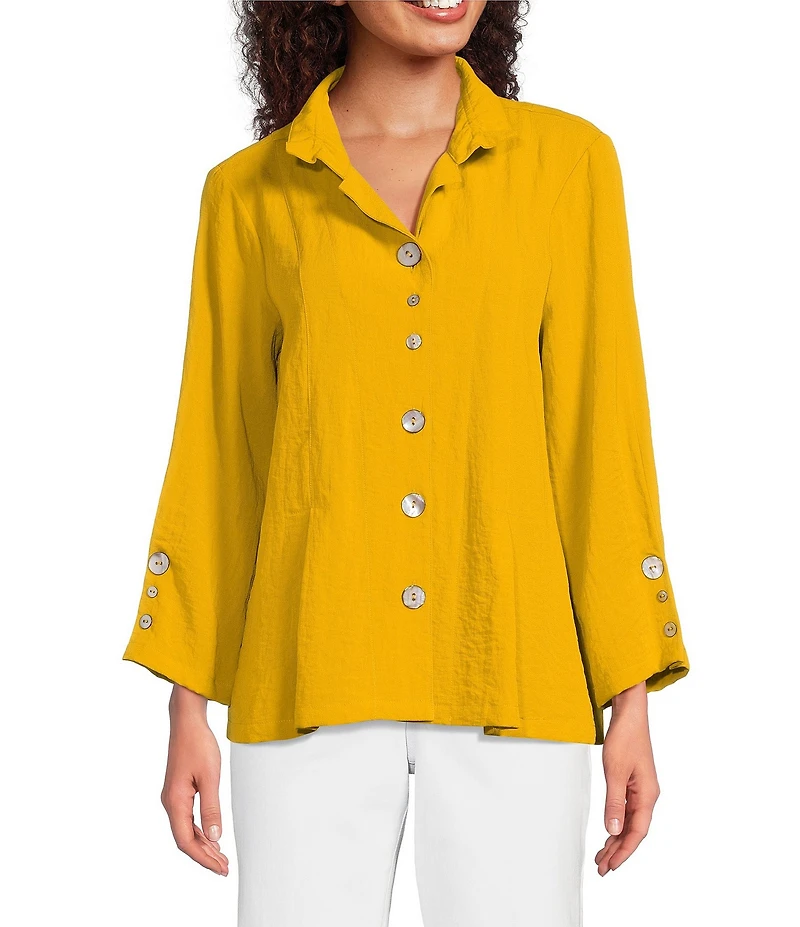 Ali Miles Woven Solid Wire Collar 3/4 Sleeve Pleated Hem Button Front Tunic