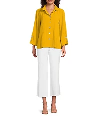 Ali Miles Woven Solid Wire Collar 3/4 Sleeve Pleated Hem Button Front Tunic