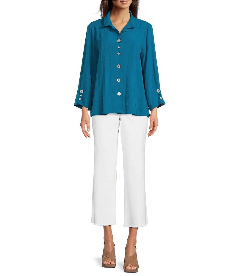Ali Miles Woven Solid Wire Collar 3/4 Sleeve Pleated Hem Button Front Tunic