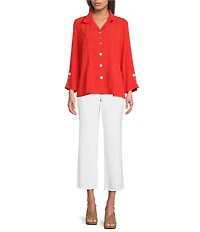 Ali Miles Woven Solid Wire Collar 3/4 Sleeve Pleated Hem Button Front Tunic