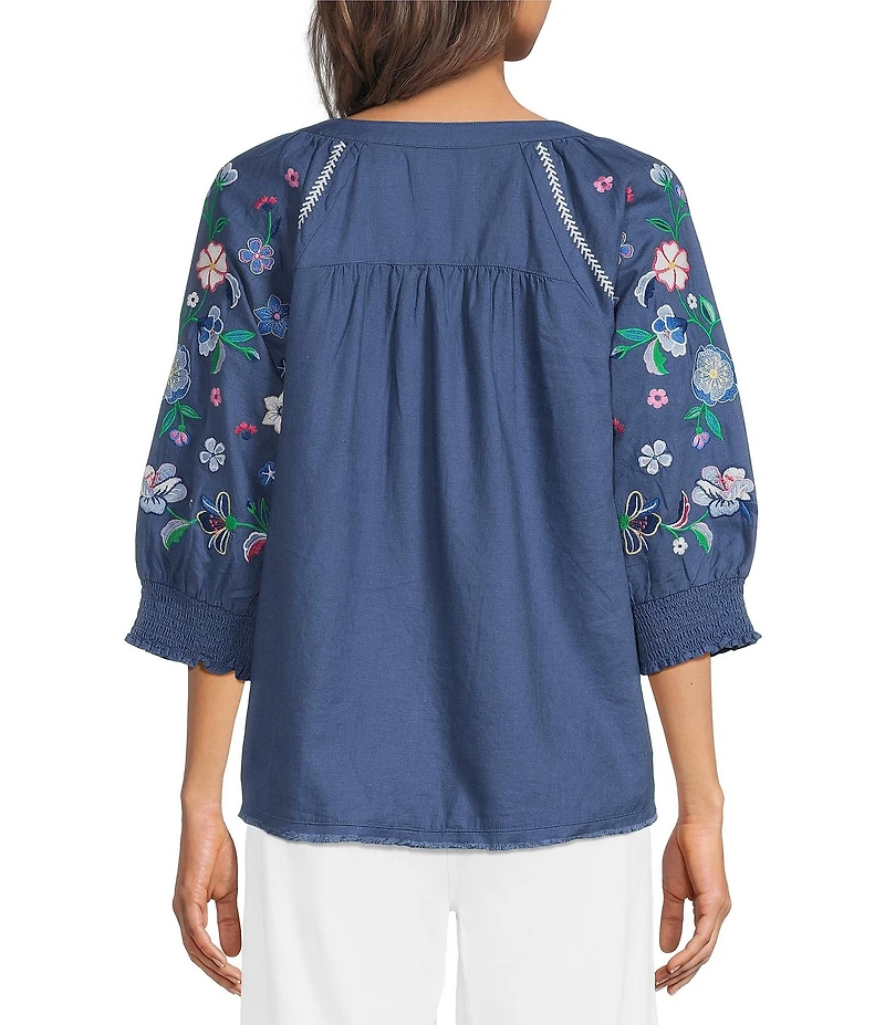 Ali Miles Woven Split V-Neck 3/4 Floral Embroidery Sleeve Top