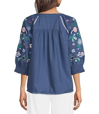 Ali Miles Woven Split V-Neck 3/4 Floral Embroidery Sleeve Top