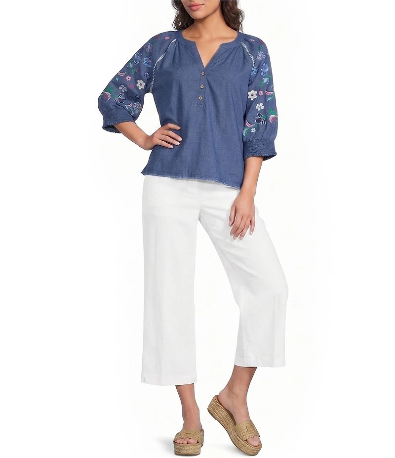Ali Miles Woven Split V-Neck 3/4 Floral Embroidery Sleeve Top