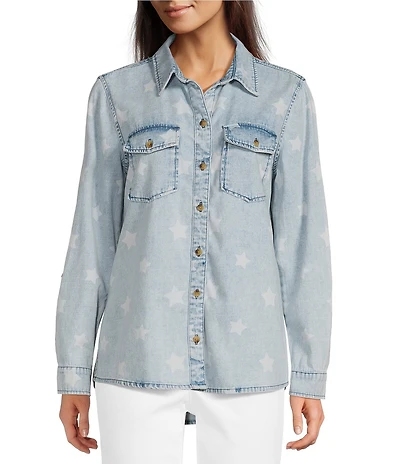 Ali Miles Woven Star Print Wire Long Roll-Tab Sleeve Button Front Shirt